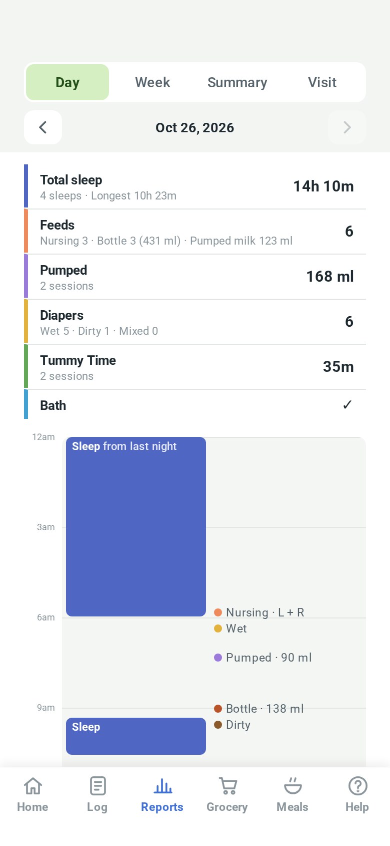 The Day report with totals for sleep, feeds, pumping, diapers and tummy time