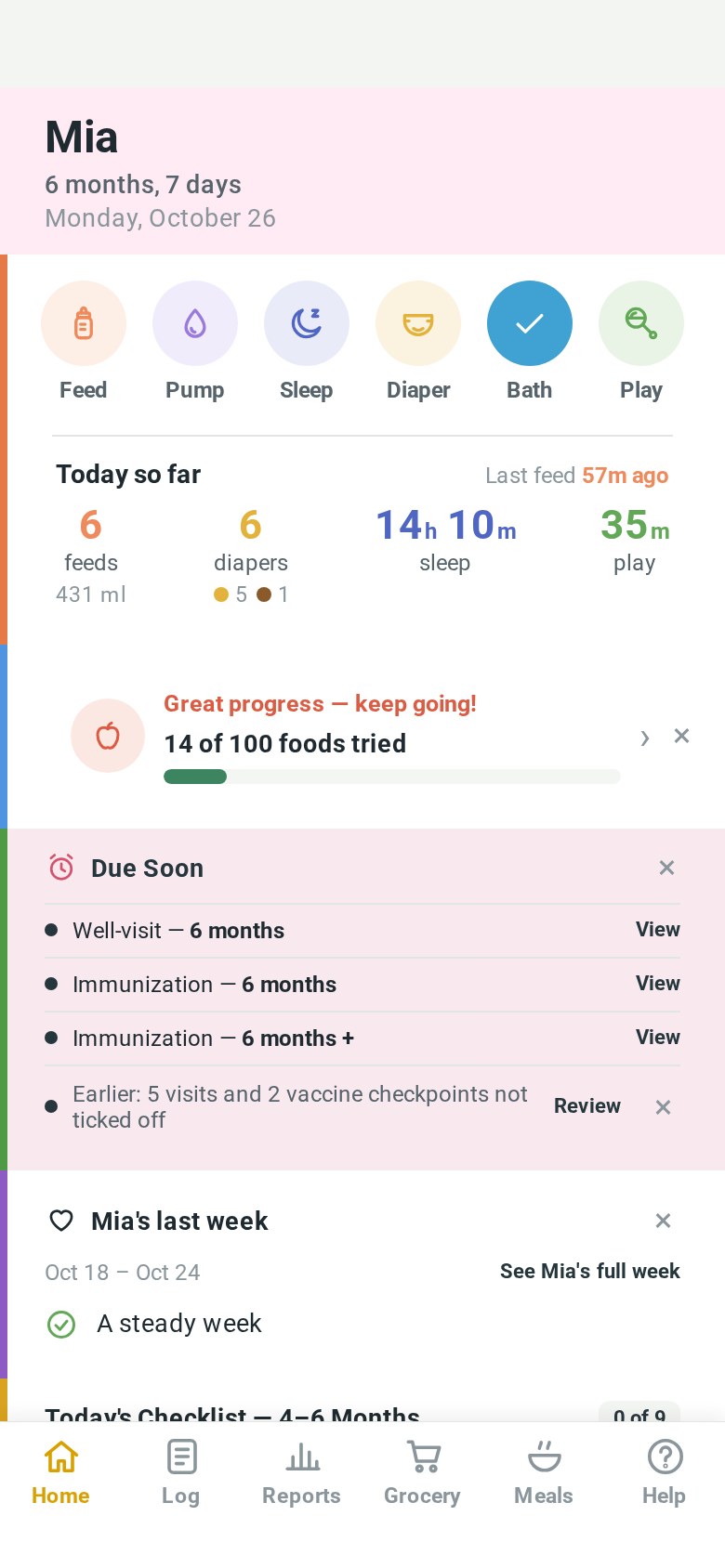 The FirstWise Home screen: today's feeds, diapers, sleep and play, and what is due soon