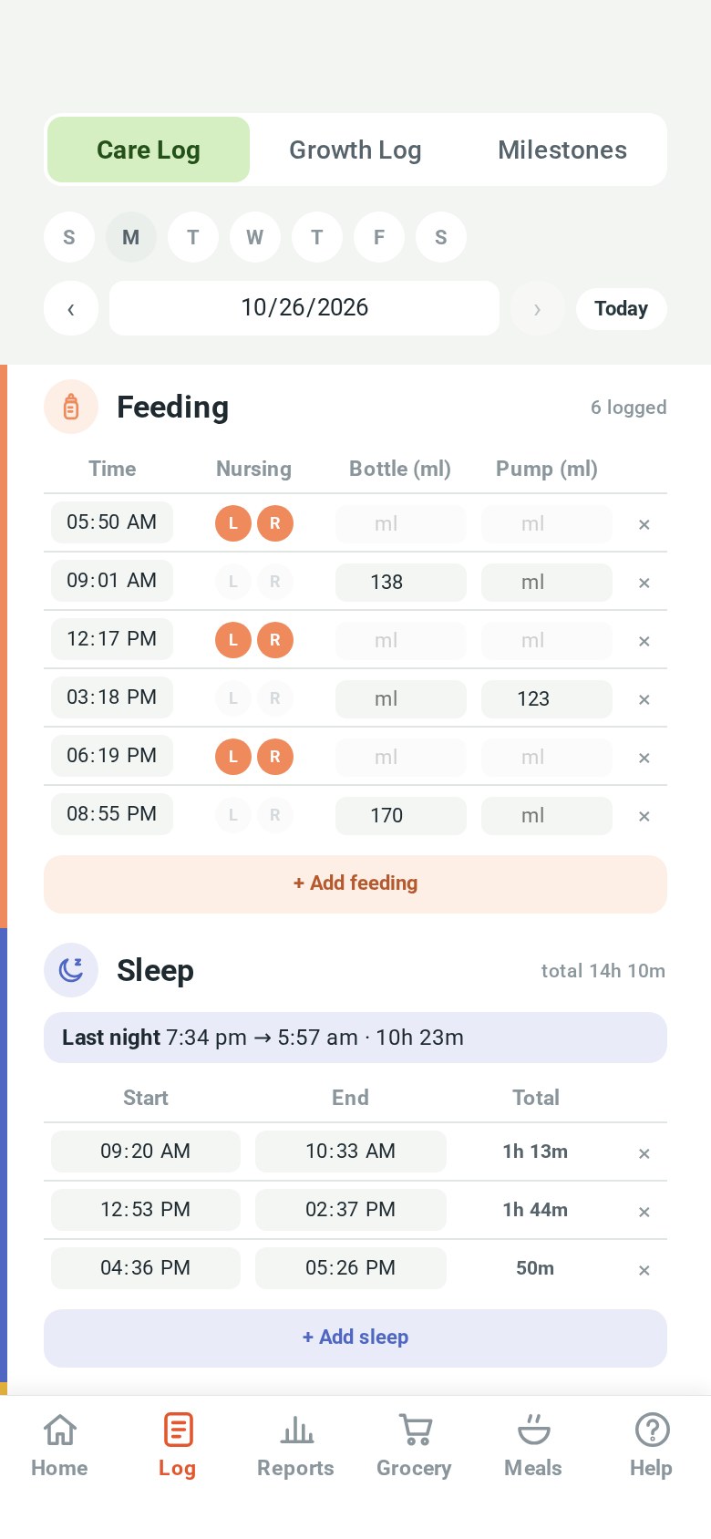 The Care Log with feeding, sleep and diaper entries for one day