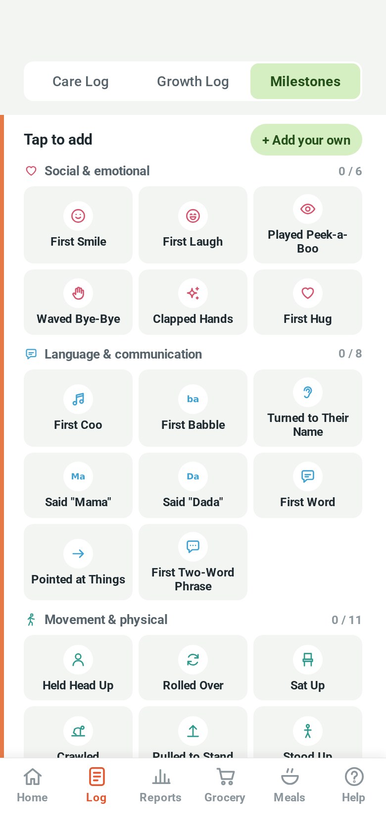 The Milestones page with First Smile, First Laugh and more to tap