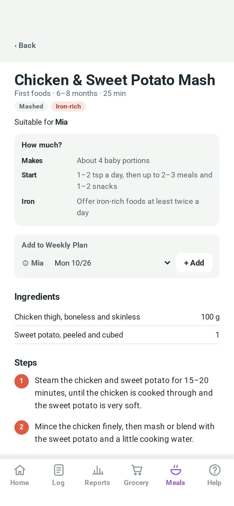 A baby recipe with age, iron-rich tag, ingredients and steps