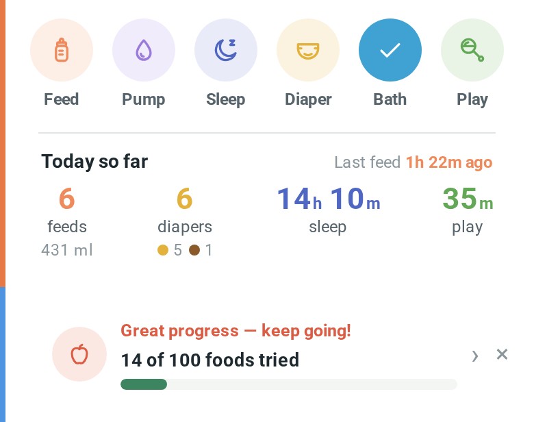 Home showing the quick log buttons, today's totals and the foods-tried count